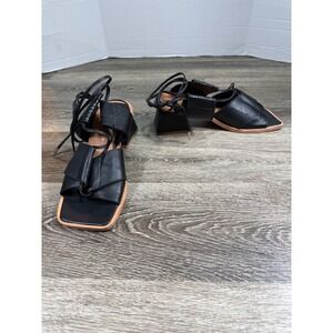 Batistella Sandals Women's 38 Black Leather Lace Up Block Heel Square Toe Luxury